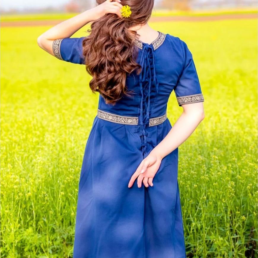 Blue Viking Dress with Intricate Embroidery