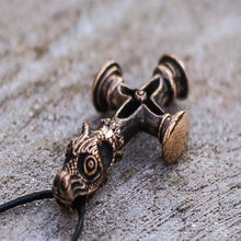 Bronze Viking Thor's Hammer Mjolnir pendant with dragon head and Olaf/Wolf cross design.