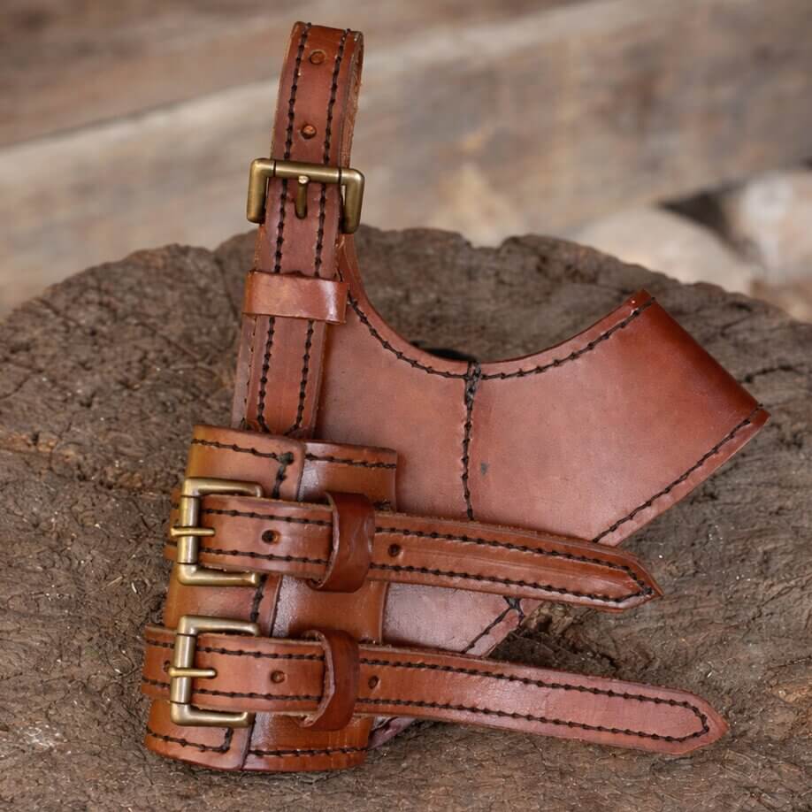 Brown Viking leather sword frog with brass buckles for right-handed draw.