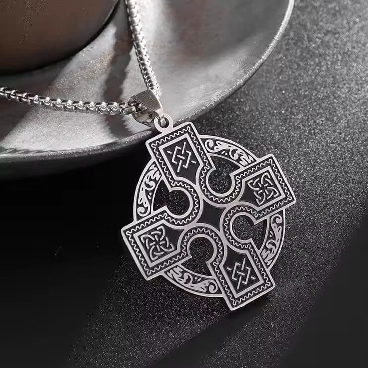 Celtic Cross Pendant Necklace with Runic Knotwork