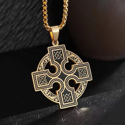 Celtic Cross Pendant Necklace with Runic Knotwork