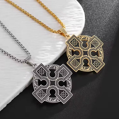 Viking Celtic Cross pendant necklaces in gold and silver, featuring intricate runic knotwork.