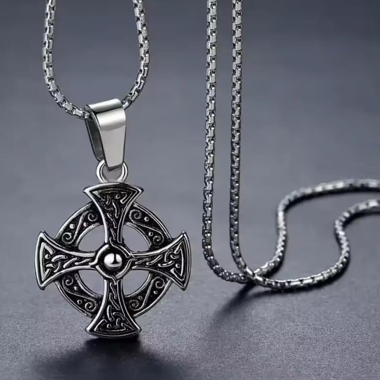 Celtic sun cross pendant necklace in antiqued stainless steel with scrollwork design on silver box chain
