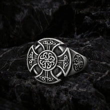 Viking Celtic Cross stainless steel ring with intricate knotwork design on a dark background.