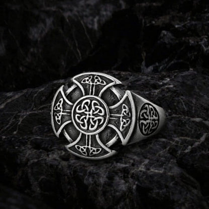Viking Celtic Cross stainless steel ring with intricate knotwork design on a dark background.