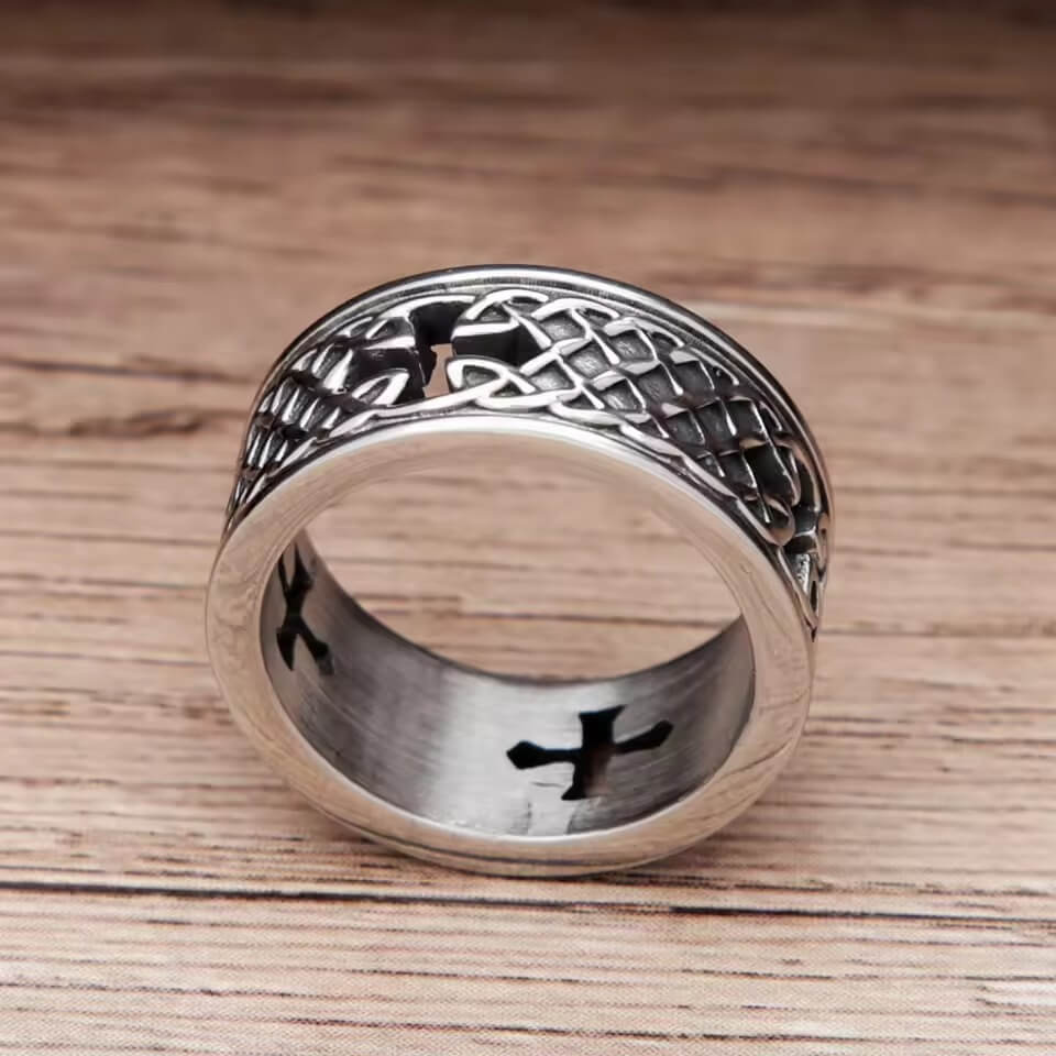 Viking Celtic knot cross stainless steel band ring with black accents.
