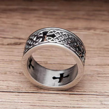 Viking Celtic knot cross stainless steel band ring with black accents.