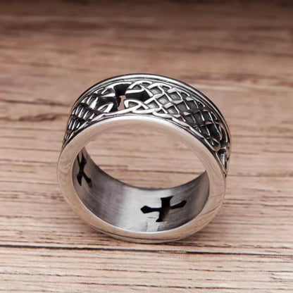 Viking Celtic knot cross stainless steel band ring with black accents.
