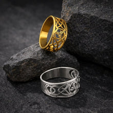 Viking Celtic Knot Filigree Stainless Steel Rings: one gold, one silver, with intricate openwork designs.
