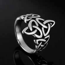 Viking Celtic knot stainless steel ring, silver, intricate design.