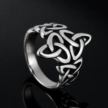 Viking Celtic knot stainless steel ring, silver, intricate design.