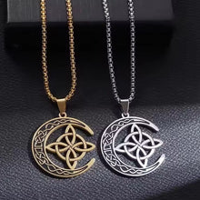 Viking Celtic Moon Knot stainless steel necklaces, one gold, one silver, with intricate knotwork.