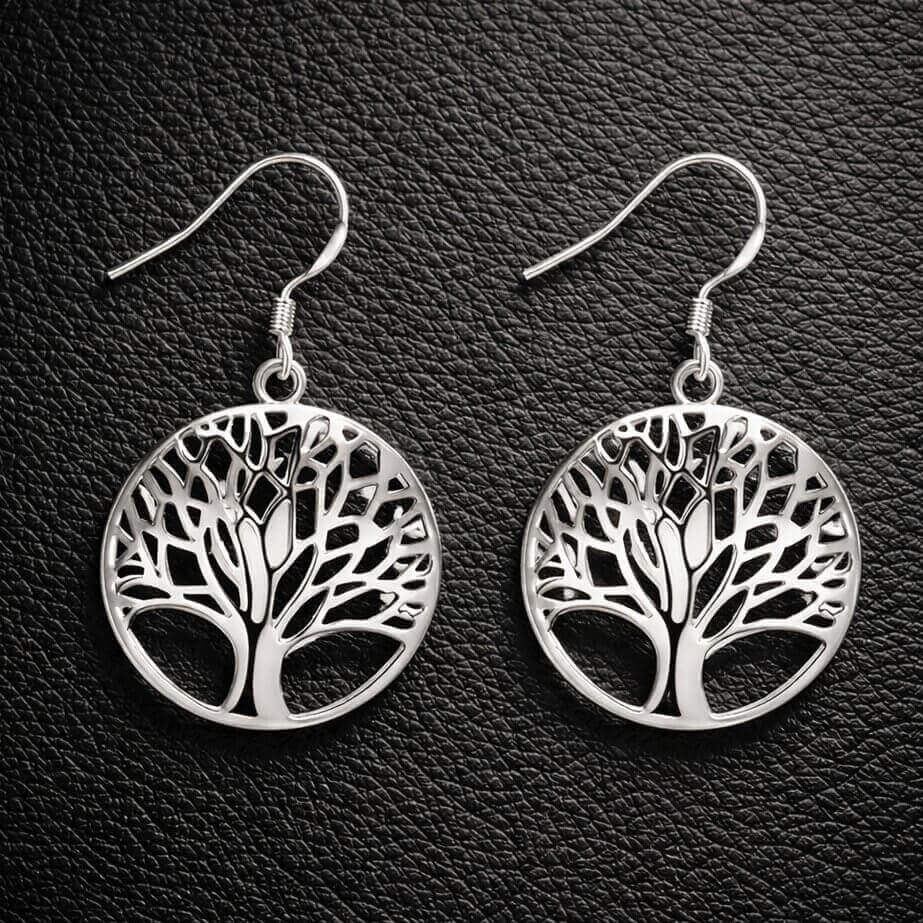 Viking Celtic Tree of Life round drop earrings in sterling silver, featuring intricate cutout design.