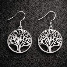 Viking Celtic Tree of Life round drop earrings in sterling silver, featuring intricate cutout design.