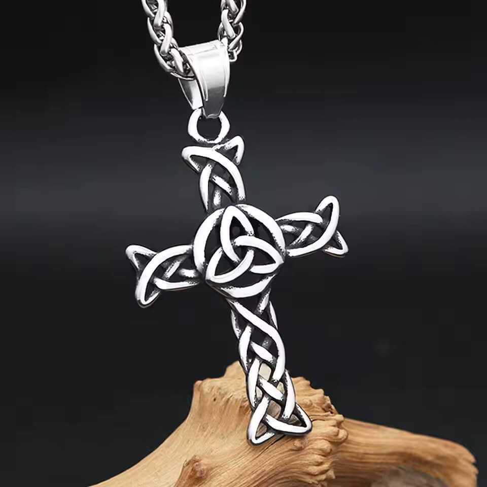 Viking Celtic Trinity Knot cross necklace, silver stainless steel, intricate design.