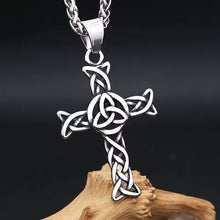 Viking Celtic Trinity Knot cross necklace, silver stainless steel, intricate design.
