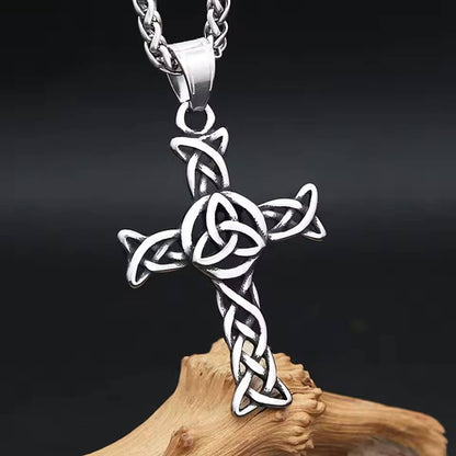 Viking Celtic Trinity Knot cross necklace, silver stainless steel, intricate design.