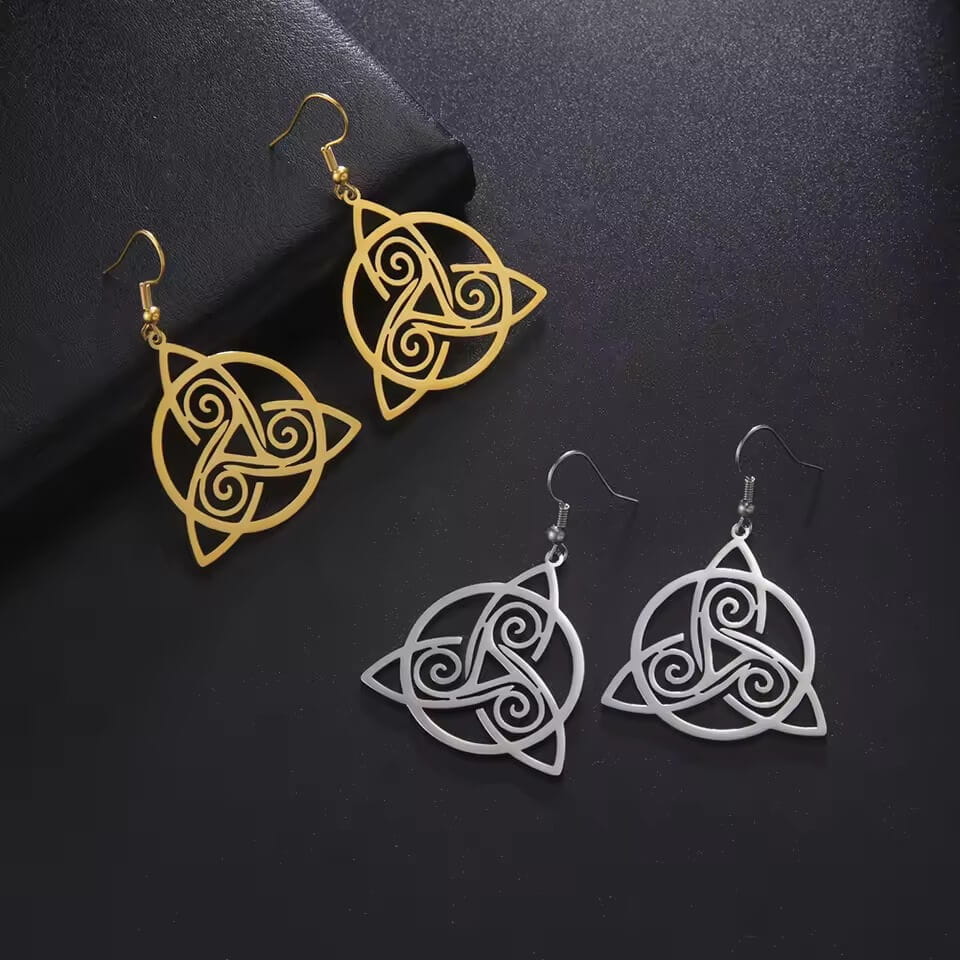 Viking Celtic Triquetra and Triple Spiral dangle earrings in gold and silver stainless steel.