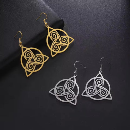 Viking Celtic Triquetra and Triple Spiral dangle earrings in gold and silver stainless steel.