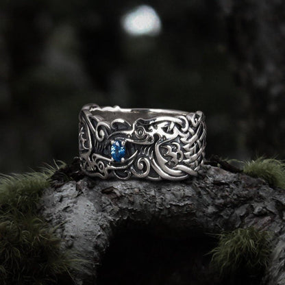 Viking 925 silver Ravens of Odin ring with intricate Norse design and a blue gemstone.