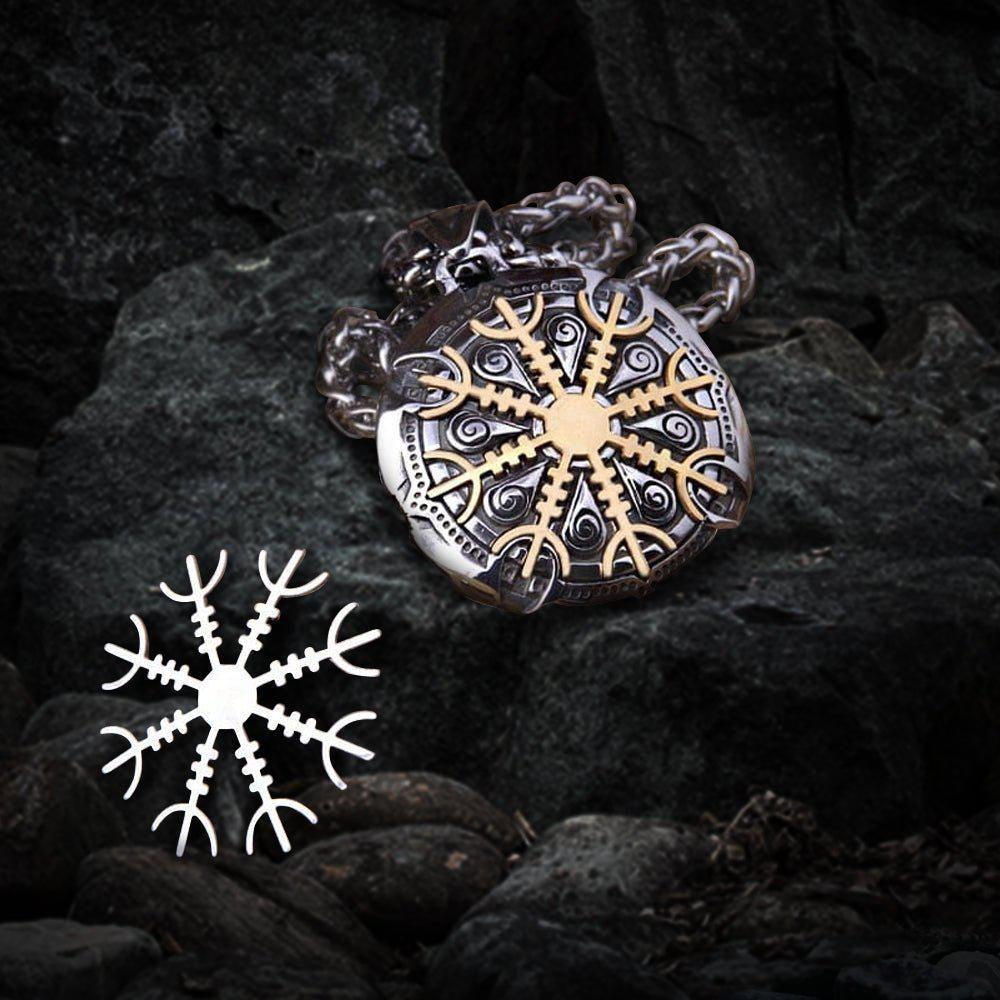 Viking Helm of Awe talisman necklace: silver and gold-toned pendant with detachable snowflake-like charm.