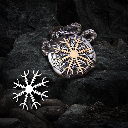 Viking Helm of Awe talisman necklace: silver and gold-toned pendant with detachable snowflake-like charm.