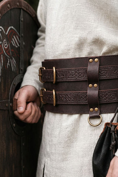 Thick Leather Viking Weapons Belt - Brown | Unique Double Design Viking Belt
