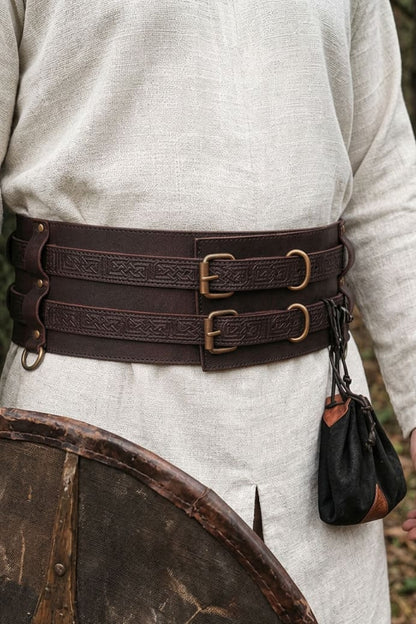 Thick Leather Viking Weapons Belt - Brown | Unique Double Design Viking Belt