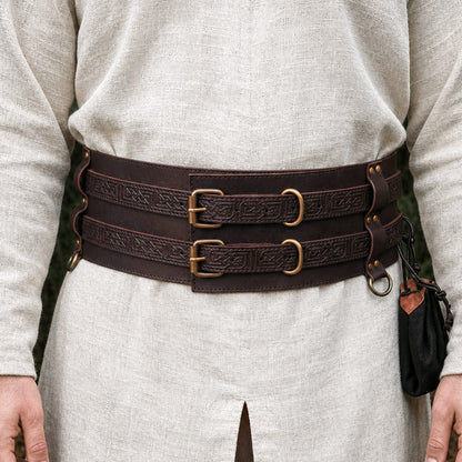 Thick Leather Viking Weapons Belt - Brown | Unique Double Design Viking Belt