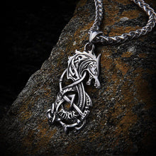 Steel Viking Fenrir knotwork medallion on a chain, detailed Norse wolf design.