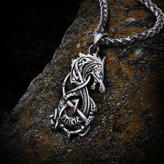 Steel Viking Fenrir knotwork medallion on a chain, detailed Norse wolf design.