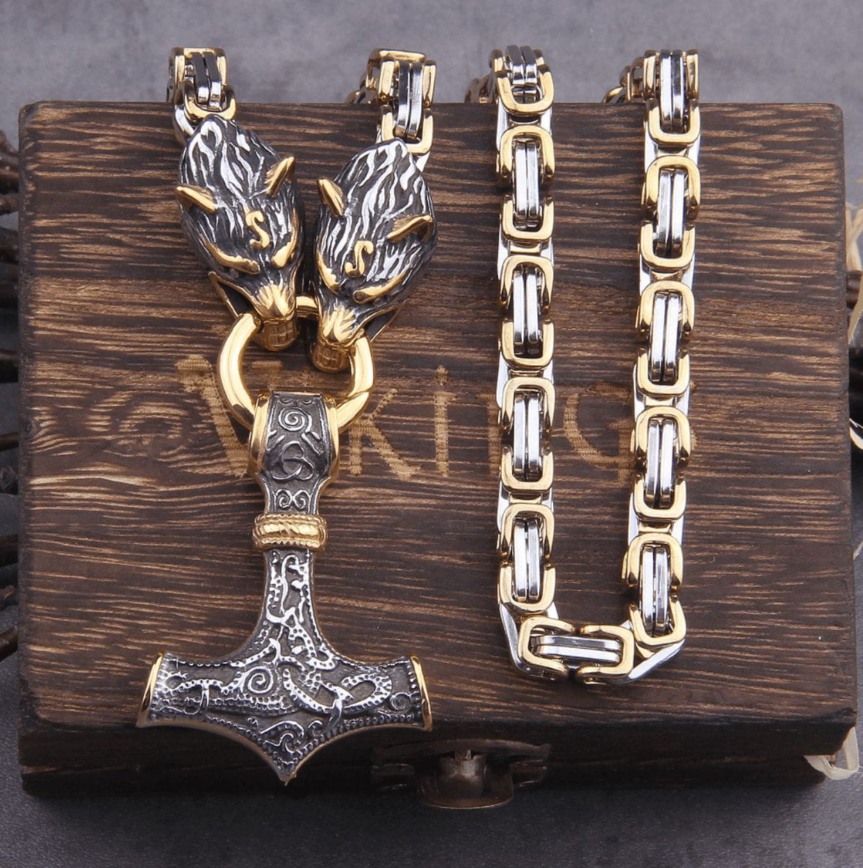 Fenrir Sun-Eater Wolf of Ragnarok Mjolnir King’s Chain in Gold & Steel.-3
