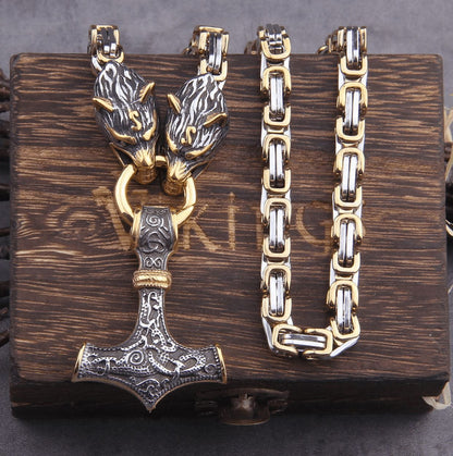Fenrir Sun-Eater Wolf of Ragnarok Mjolnir King’s Chain in Gold & Steel.-3