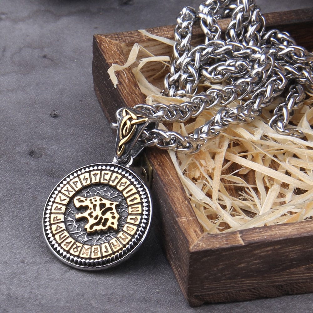 Gold and Steel Viking Fenrir Wolf Futhark Necklace