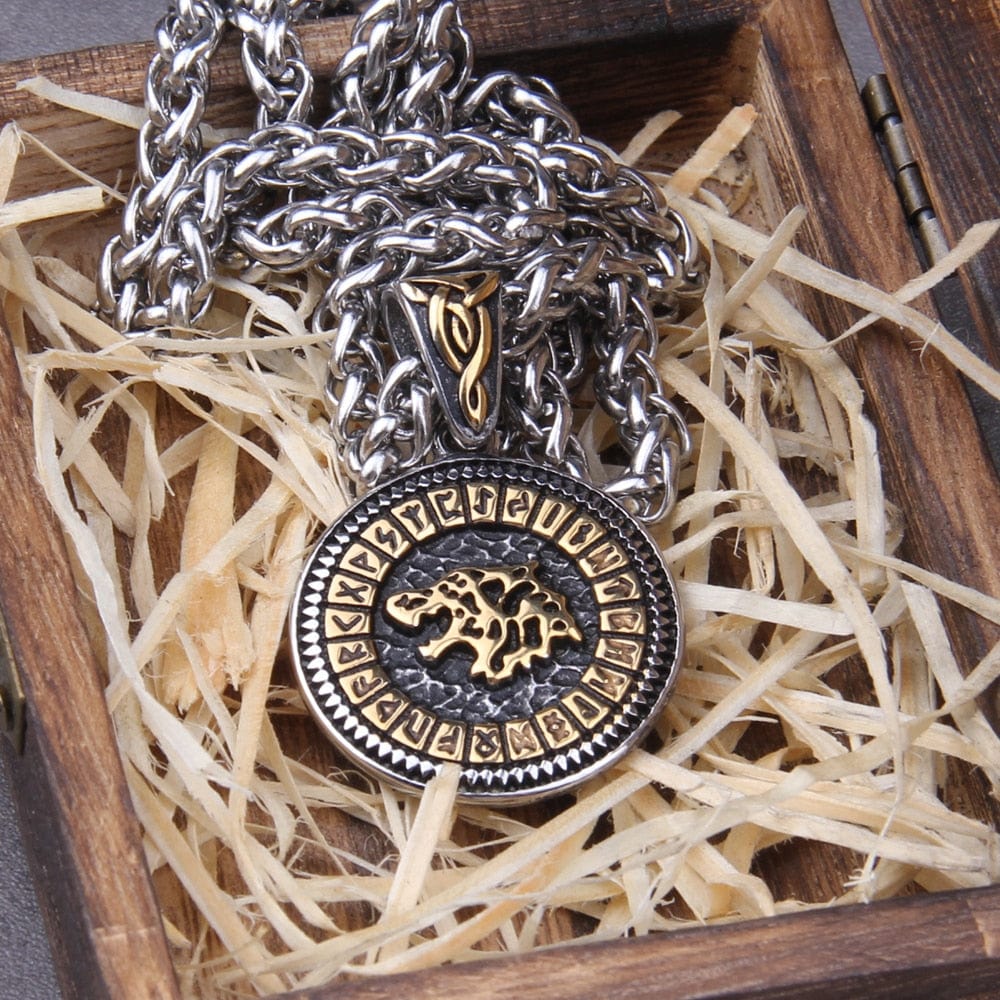 Gold and Steel Viking Fenrir Wolf Futhark Necklace