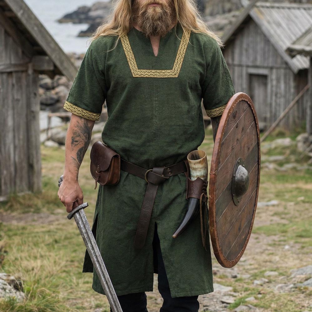 Viking Man wearing a green Viking tunic, holding a sword and wooden shield.