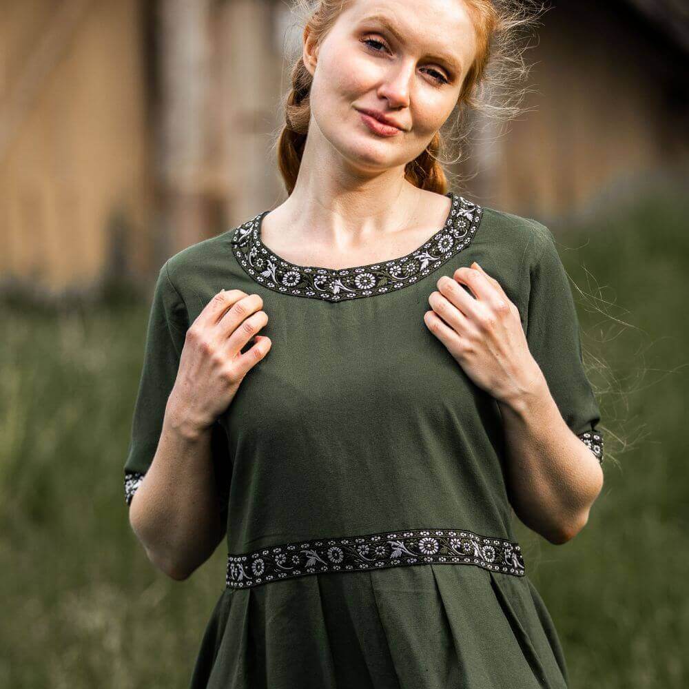 Noble short sleeve dress with border Ennlin Green S Noble short sleeve dress with border Ennlin Green S