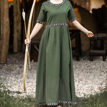 Full-length Green Short Sleeve Viking Dress with ornate embroidery, styled for a medieval reenactment.