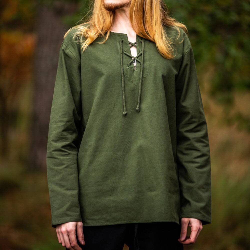 Green Cotton Viking Tunic | Long Sleeves, Lace-Up Collar-2-Viking Warrior