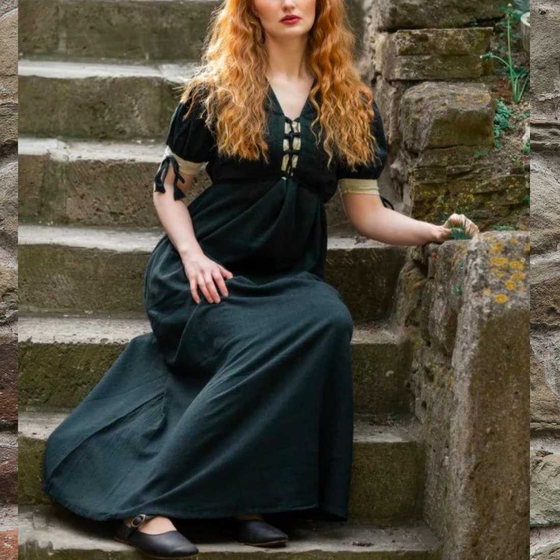 Viking Summer Dress in Green with Laced Front and Sleeves