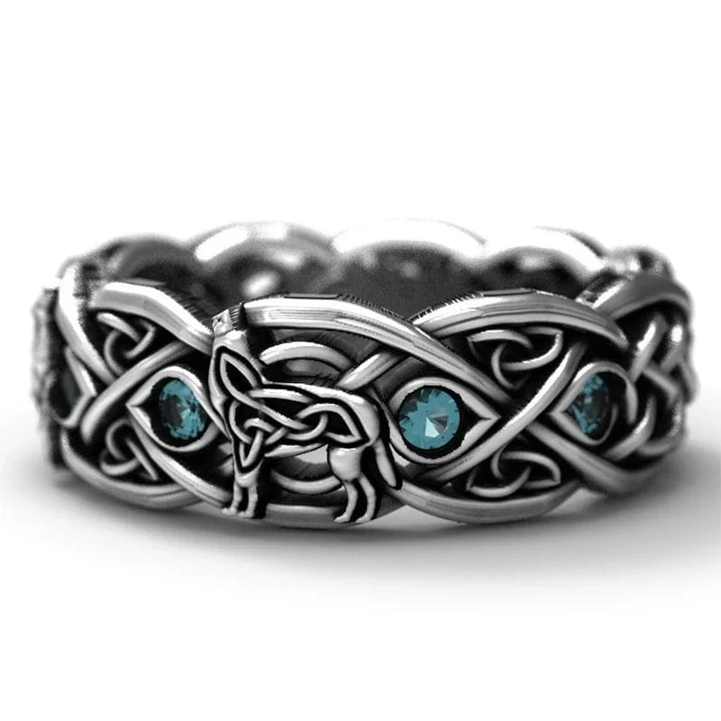 Viking Wolf Ring with Blue Cubic Zirconia | Sterling Silver | Celtic Style