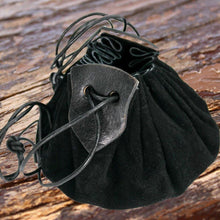 Black Viking suede pouch with drawstring closure and leather accent.
