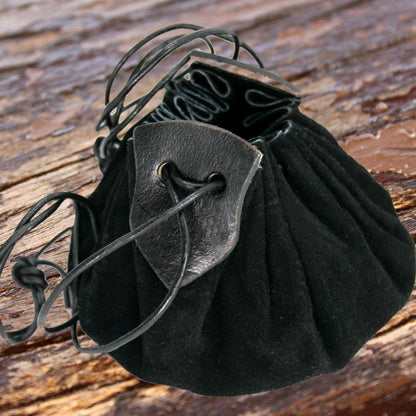 Black Viking suede pouch with drawstring closure and leather accent.