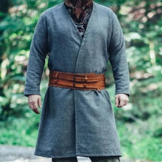 Gray wool open-front Viking tunic with a brown leather belt, knee-length.