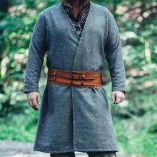 Gray wool open-front Viking tunic with a brown leather belt, knee-length.