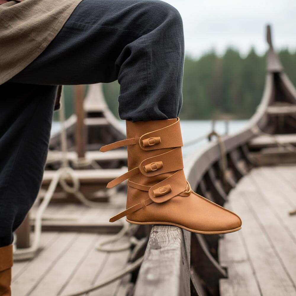 Person wearing brown Handmade Leather Viking Shoes on a wooden dock.