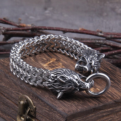 Hati and Skoll Viking Wolf Chain Steel Bracelet