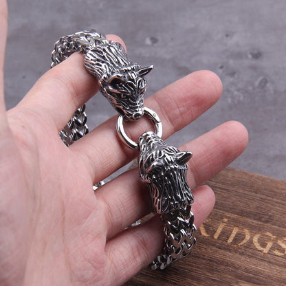 Hati and Skoll Viking Wolf Chain Steel Bracelet