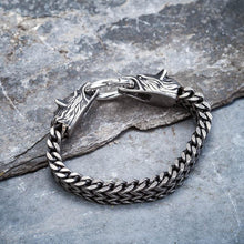 Stainless steel Viking wolf head chain bracelet with intricate details.