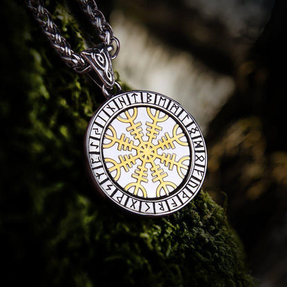 Viking gold and steel rotating medallion necklace with Helm of Awe and Vegvisir compass symbols.